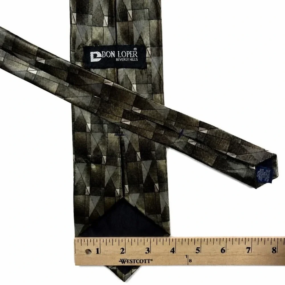 Vintage Don Loper Beverly Hills Tie Men Olive Green Charcoal Geometric Polyester